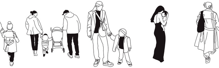 Hand-drawn doodle family border. Outline family clipart. Hand-drawn black art.