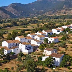 Fototapeta premium A full shot of a cute village landscape at eye level, among hills stretching into the distance under a clear sky.