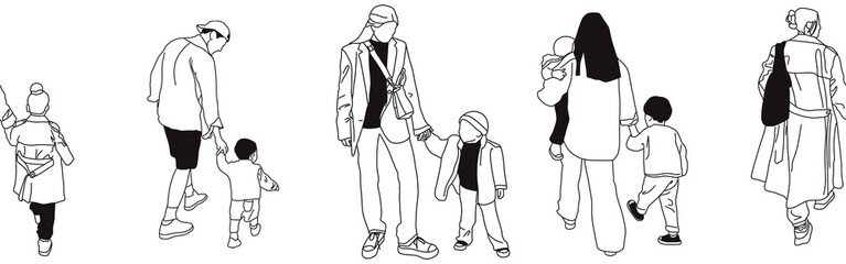 Hand-drawn doodle family border. Outline family clipart. Hand-drawn black art.