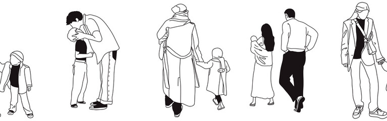 Hand-drawn doodle family border. Outline family clipart. Hand-drawn black art.