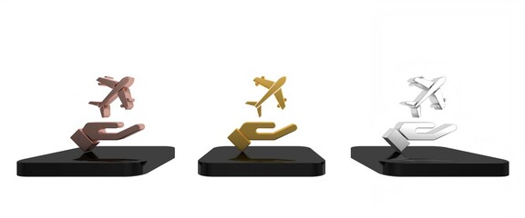 Colorful Plane in hand icon isolated on white background. Flying airplane. Airliner insurance. Security, safety, protection, protect concept. Minimalism concept. 3D render illustration