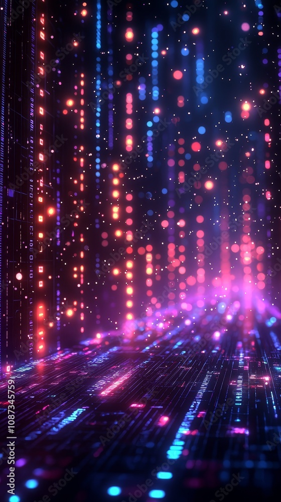 Poster futuristic composition of code lines and colorful patterns creating a dynamic scene of light and tec