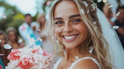 A joyful bride holding a bouquet of pink flowers, stands surrounded by friends celebrating her wedding day, smiles brightly amid flying petals at the ceremony.