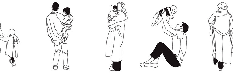 Hand-drawn doodle family border. Outline family clipart. Hand-drawn black art.