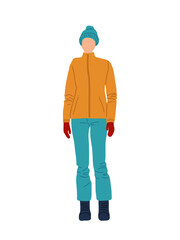 A person dressed for cold weather in orange jacket, teal pants, and winter accessories