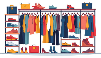 Wardrobe divided into sections with designated areas for shoes, clothes and accessories, Wardrobe organization