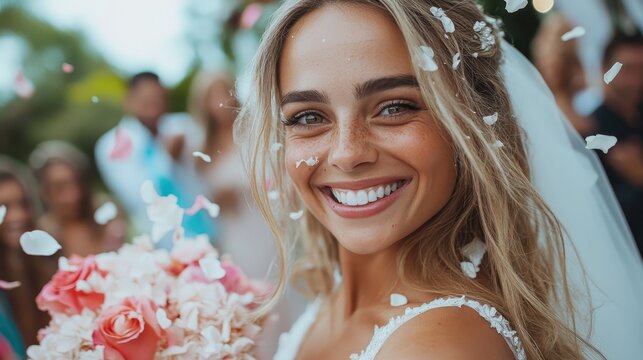 A joyful bride holding a bouquet of pink flowers, stands surrounded by friends celebrating her wedding day, smiles brightly amid flying petals at the ceremony.