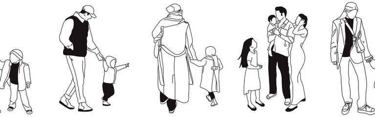 Hand-drawn doodle family border. Outline family clipart. Hand-drawn black art.