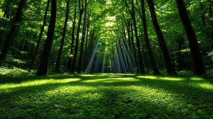 Obraz premium Sunlight Filtering Through a Peaceful Forest Path