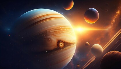 planets like jupiter and its moons with the sun in the background and a large planet in the...