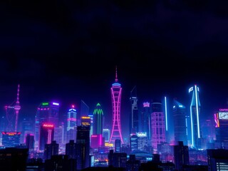 Obraz premium Futuristic cyberpunk cityscape at night with vibrant purple and cyan neon lights, towering superstructures, and sleek architecture, urban, neon lights, skyline