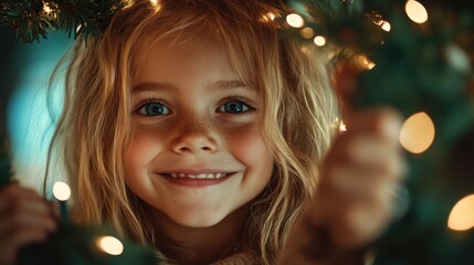 A radiant child peeks through the branches of a Christmas tree, with twinkling lights capturing the essence of joyful anticipation and holiday cheer.