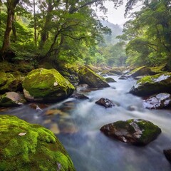Obraz premium a tranquil river scene flowing through a lush, green valley. Include overhanging trees, rocky riverbanks, and distant hills with a misty, ethereal quality to evoke a sense of peace and natural beauty.