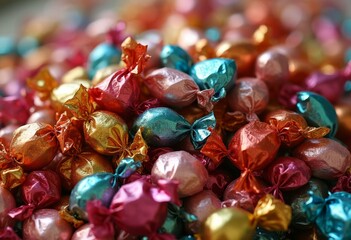 Assorted shiny multicolored wrapped candies with metallic texture