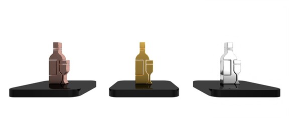 Colorful Champagne bottle with glass icon isolated on white background. Minimalism concept. 3D render illustration