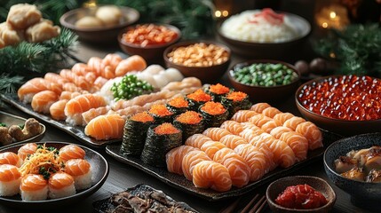 An exquisite display of various sushi and seafood delicacies on a table