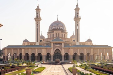 Obraz premium Mosque Architecture Showcases Domes, Minarets, and Gardens Beautifully
