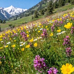 Obraz premium A hip-level, full shot of a wide-open meadow blanketed with colorful wildflowers, stretching toward a distant mountain range. The shot captures the flowers up close, with the mountains providing a stu