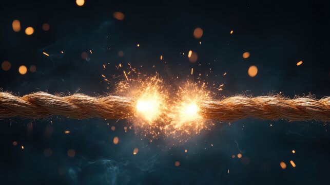 Dramatic scene of two ropes igniting at their midpoint with vibrant sparks, highlighting themes of connection, conflict, and dramatic intensity.