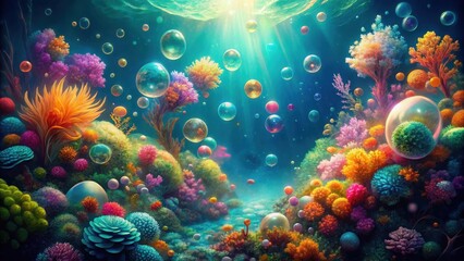 Fototapeta premium Vibrant coral reef scene with an ethereal glow from the sun shining through the water and many iridescent bubbles floating around the colorful underwater flora