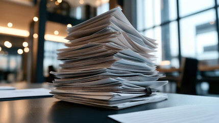 Large stack of paper documents on a table in a modern office environment with blurred background
