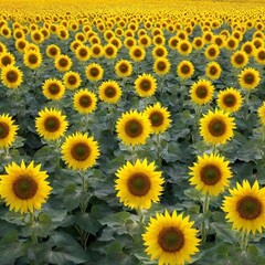 Fototapeta premium A hip-level, full shot of a vibrant sunflower field in full bloom, with rows of tall sunflowers stretching toward the sun. The perspective highlights the height of the flowers against a clear blue sky