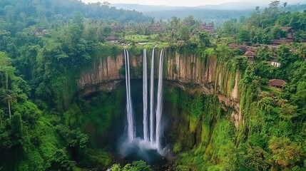 Fototapeta premium Air terjun adalah fitur alami di mana air mengalir di atas tetesan vertikal atau serangkaian tetesan