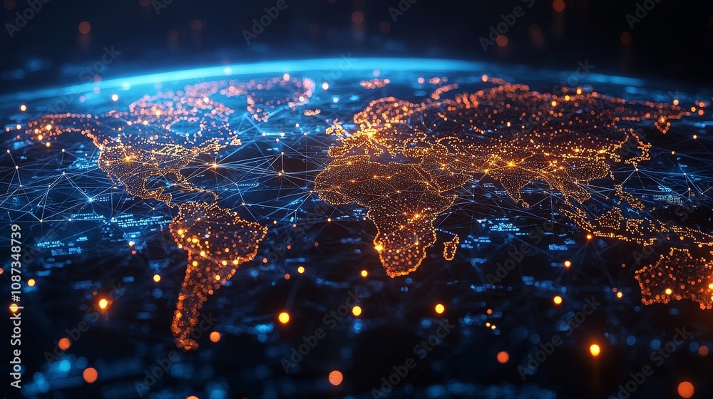 Poster massive neural network interconnecting diverse data points on a global map with illuminated nodes an