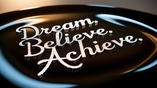 Diamond-encrusted words "Dream, Believe, Achieve" on a dark reflective surface.