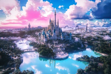 Fototapeta premium A breathtaking wide-angle view showcasing a fantastical world with soaring castles and lush landscapes