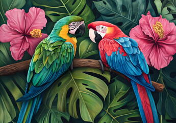Obraz premium A detailed illustration of two macaws, one blue and red, the other green and yellow, perched on a branch surrounded by large green leaves and pink hibiscus flowers