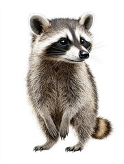 Fototapeta premium A cute raccoon stands upright, showcasing its distinctive features and playful nature, perfect for wildlife-themed projects.