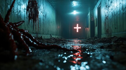 A long, blood-streaked corridor with a glowing cross in the distance evokes a feeling of mystery and danger, suggesting a chilling and suspenseful story.