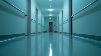 This image shows a dimly lit, serene corridor in a modern facility, with soft lighting leading to a single closed door, creating a sense of anticipation and quietude.