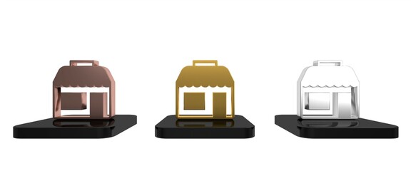 Colorful Shopping building or market store icon isolated on white background. Shop construction. Minimalism concept. 3D render illustration