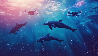 Fototapeta premium Three dolphins swim gracefully in a vibrant underwater scene, accompanied by two drones capturing the magical moment