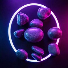 Urban Stone Garden: A flatlay of smooth, polished stones arranged in a geometric pattern on a reflective surface, surrounded by vibrant cyberpunk neon lighting and soft focus to create an otherworldly
