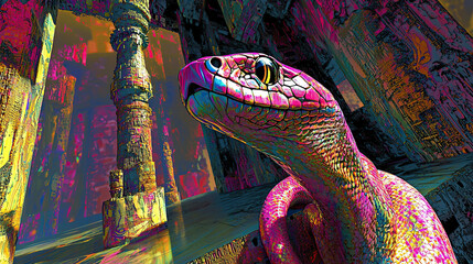 Obraz premium art, animal, snake, water, design, fish, illustration, painting, pattern, sea, nature, color, flower, colorful, paint, in a dreamscape the surface reflects the early mor, untry, generative ai, landsca