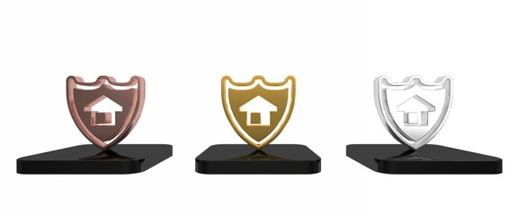 Colorful House with shield icon isolated on white background. Insurance concept. Security, safety, protection, protect concept. Minimalism concept. 3D render illustration
