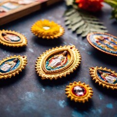 An intimate flatlay view of Virgin of Guadalupe Day decorations, including close-up shots of hand-painted religious icons, flowers, and traditional offerings arranged on a table