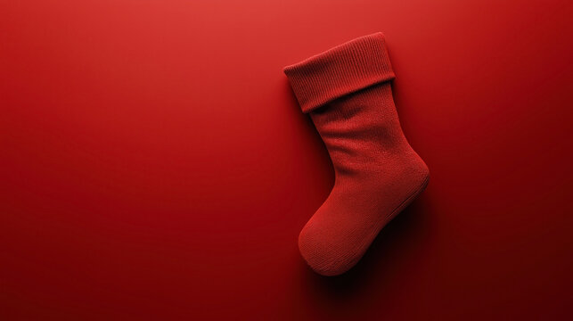 Single red Christmas stocking on a matching red background with a minimalist design and festive theme