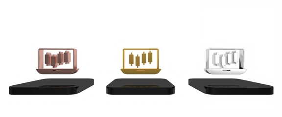 Colorful Laptop with stocks market growth graphs and money icon isolated on white background. Monitor with stock charts arrow on screen. Minimalism concept. 3D render illustration