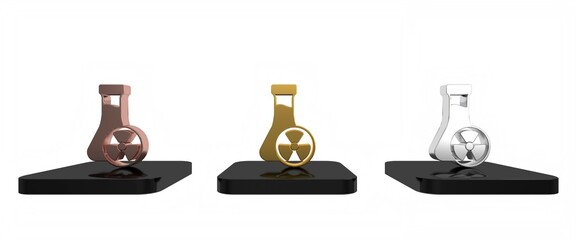 Colorful Laboratory chemical beaker with toxic liquid icon isolated on white background. Biohazard symbol. Dangerous symbol with radiation icon. Minimalism concept. 3D render illustration
