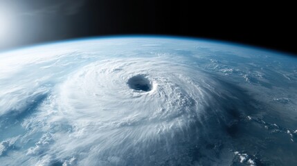 Captured from space, this image shows an awe-inspiring view of a swirling hurricane over the Earth, highlighting its vast cloud patterns and the intense eye in the center.