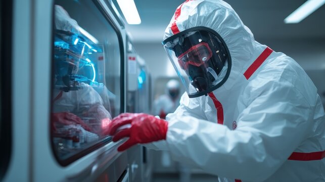 A technician is using high-tech equipment while wearing a hazmat suit and red gloves, symbolizing control, safety, and technological proficiency in a sterile lab.
