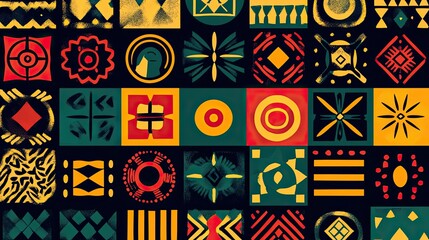 Abstract Geometric Pattern with Red, Yellow, and Green Shapes on Black Background