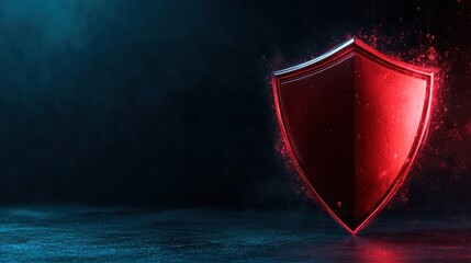 A vibrant red shield stands prominently on a dark surface, surrounded by a glowing aura, symbolizing protection and strength in a digital atmosphere.