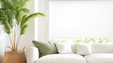 A bright and welcoming living room featuring a crisp white sofa adorned with green and white pillows, paired with leafy green plants and a sunlit window backdrop.