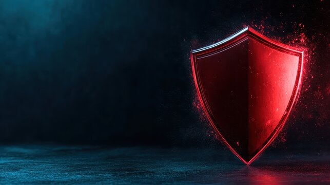 A vibrant red shield stands prominently on a dark surface, surrounded by a glowing aura, symbolizing protection and strength in a digital atmosphere.