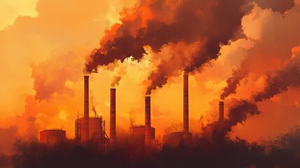 Obraz premium Industrial Smokestacks Erupting Against an Orange Sky